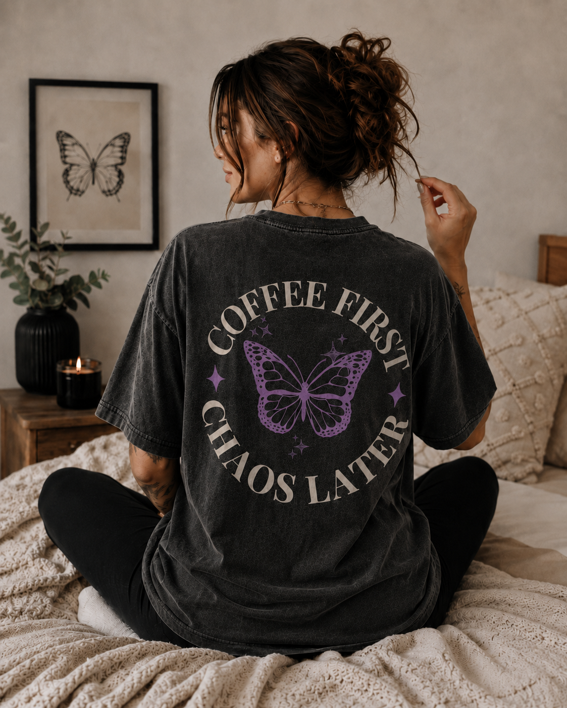 coffeefirstchaoslater,coffeelover,graphictee,oversizedtee,snowwashed,formeremo,caffeineandchaos